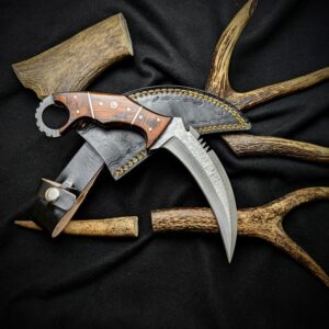 Handmade Damascus Steel Karambit Hunting Knife - Pakkawood Handle, Leather Sheath