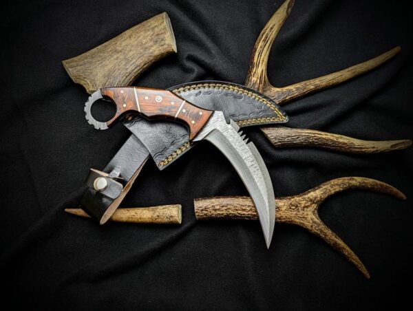 Handmade Damascus Steel Karambit Hunting Knife - Pakkawood Handle, Leather Sheath